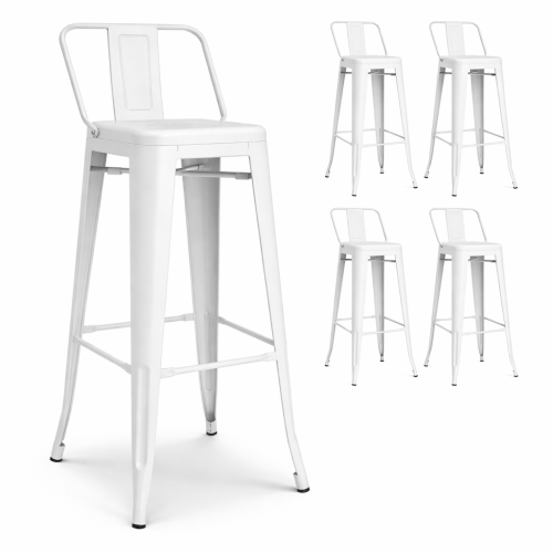 Lot de 4 tabourets de bar en métal blanc mat style industriel - Avec dossier - Hauteur 76 cm
