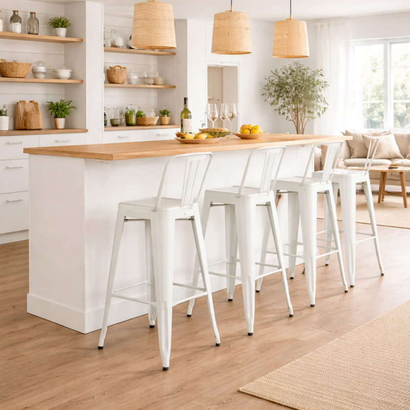 Tabouret de Bar Blanc Mat avec Dossier, Métal Industriel, Tabouret Cuisine Îlot Moderne Stable