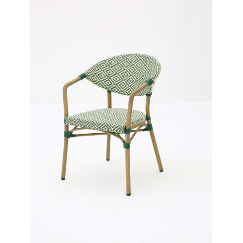 Fauteuil Bistrot Extérieur Intérieur Empilable – Structure Aluminium Aspect Bambou – Tressage Textilène – Style Terrasse de Café