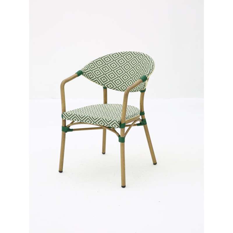 Fauteuil Bistrot Extérieur Intérieur Empilable – Structure Aluminium Aspect Bambou – Tressage Textilène – Style Terrasse de Café