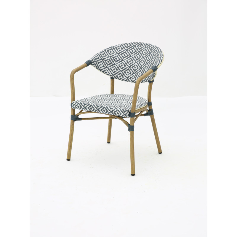 Fauteuil Bistrot Extérieur Intérieur Empilable – Structure Aluminium Aspect Bambou – Tressage Textilène – Style Terrasse de Café