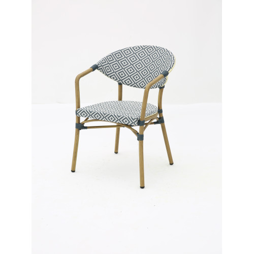 Fauteuil Bistrot Extérieur Intérieur Empilable – Structure Aluminium Aspect Bambou – Tressage Textilène – Style Terrasse de Café