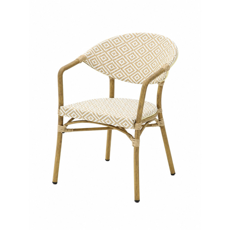 Fauteuil Bistrot Extérieur Intérieur Empilable – Structure Aluminium Aspect Bambou – Tressage Textilène – Style Terrasse de Café