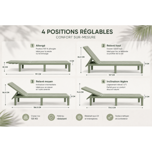 Transat de jardin vert foncé réglable 4 positions | KOSMI