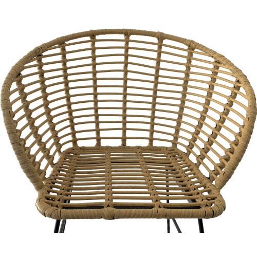 Fauteuil style nature aspect rotin en résine tressée et pieds en métal noir
