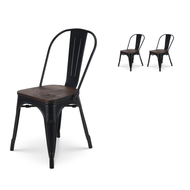 Lot de 2 chaises en métal noir mat et assise en bois foncé - Style industriel