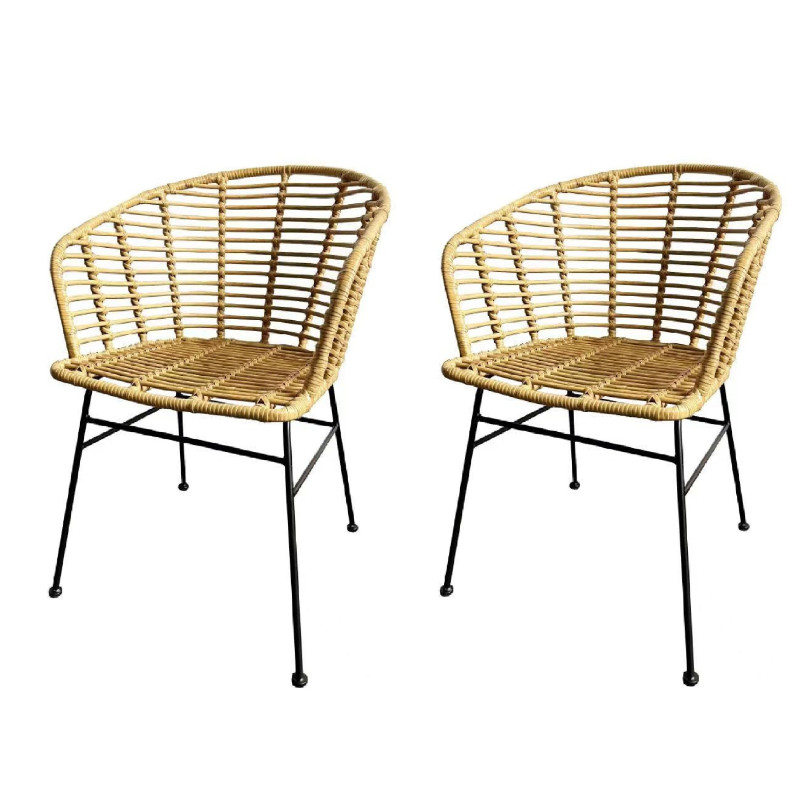 Lot de 2 fauteuils style nature aspect rotin en résine tressée et pieds en métal noir