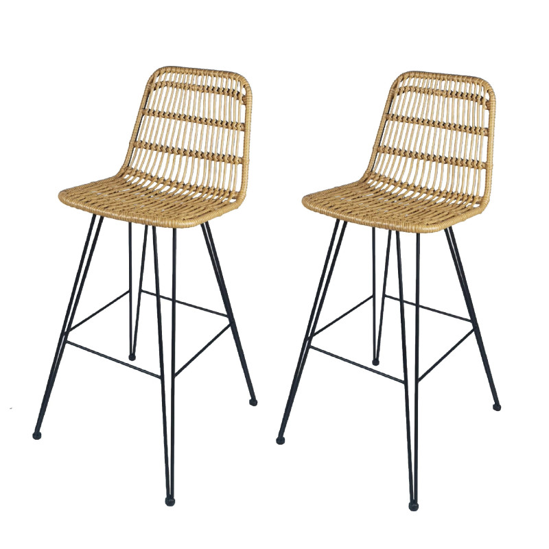 Lot de 2 tabouret de bar style nature aspect rotin en résine tressée et pieds en métal noir - Hauteur 72cm