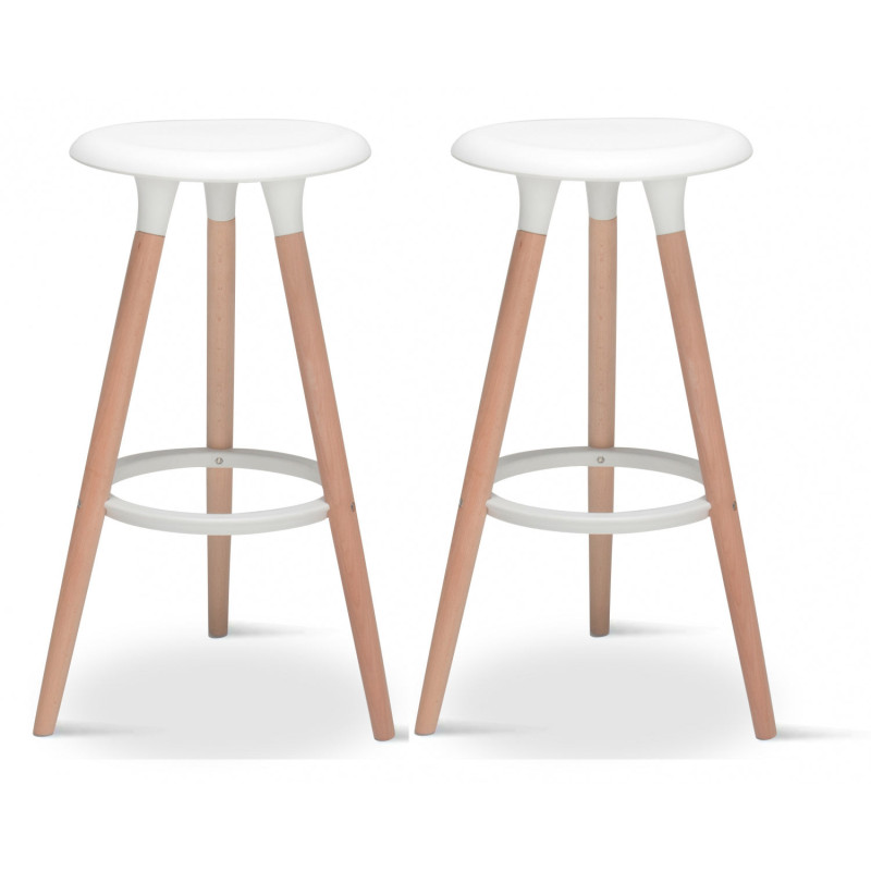 Lot de 2 Tabourets Blancs Style scandinave Oslo avec Coque en résine Blanche et Pieds en Bois Naturel