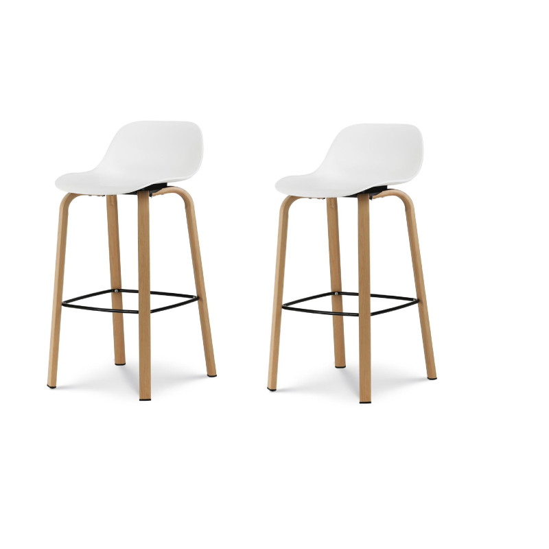 Lot de 2 tabourets de bar blancs style scandinave avec pieds effet bois en métal - Hauteur 66cm