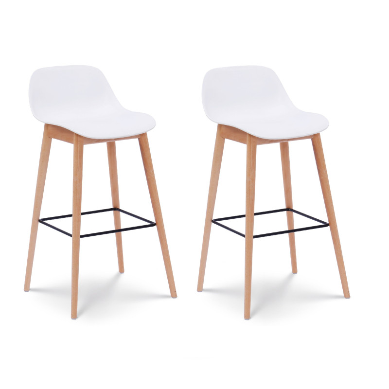 Lot de 2 tabourets de bar blancs style scandinave avec pieds en bois naturel - Hauteur 66 cm