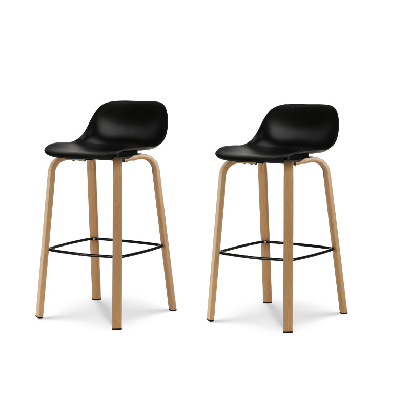 Lot de 2 tabourets de bar noir style scandinave avec pieds effet bois en métal - Hauteur 76cm