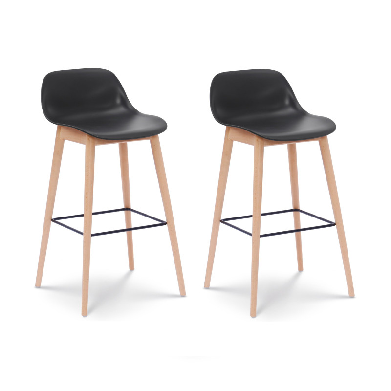 Lot de 2 tabourets de bar noirs style scandinave avec pieds en bois naturel - Hauteur 66 cm