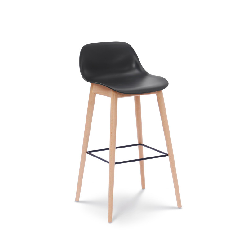 Lot de 2 tabourets de bar noirs style scandinave avec pieds en bois naturel - Hauteur 76 cm