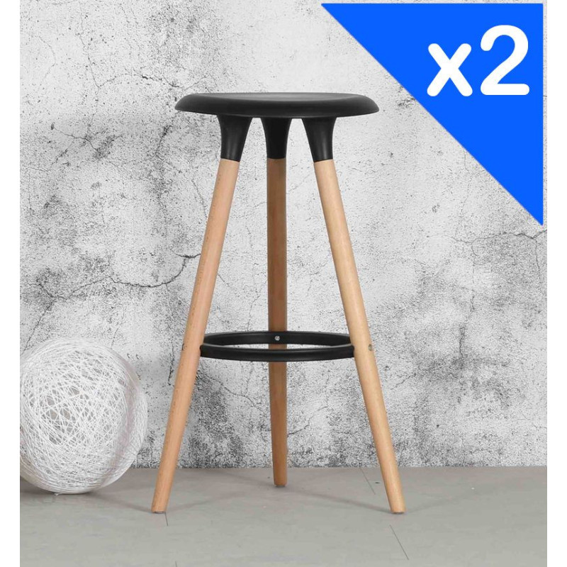 Lot de 2 Tabourets Noirs Style scandinave Oslo avec Coque en résine Noire et Pieds en Bois Naturel