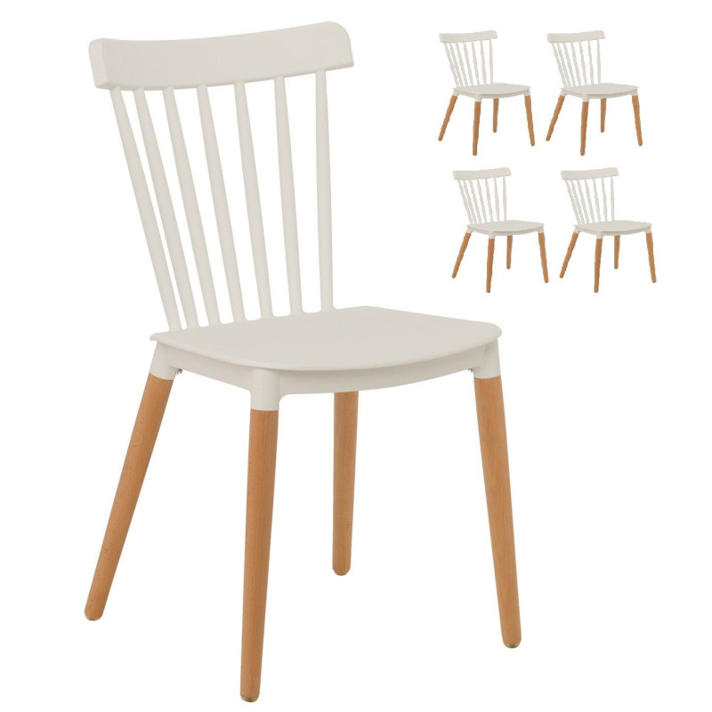 Lot de 4 Chaises Blanches Style scandinave à barreaux modèle Pop avec Coque en résine Blanche et Pieds en Bois Naturel
