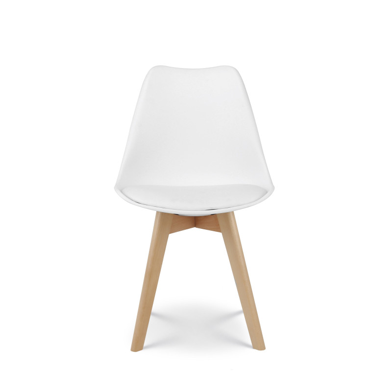 Lot de 4 Chaises Blanches Style scandinave modèle VICTOIRE - Coque en résine Blanche Rembourrée et Pieds en Bois Naturel