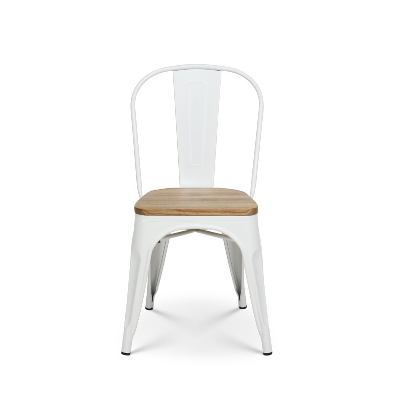 Lot de 4 chaises en métal blanc mat et assise en bois clair - Style industriel