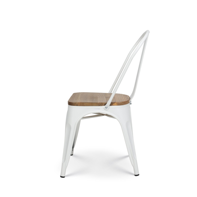 Lot de 4 chaises en métal blanc mat et assise en bois clair - Style industriel