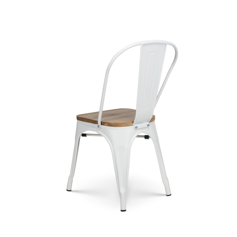 Lot de 4 chaises en métal blanc mat et assise en bois clair - Style industriel