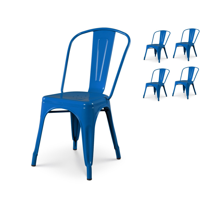 Lot de 4 chaises en métal bleu style industriel - Finition brillant