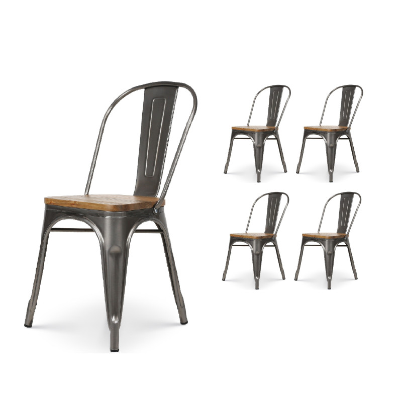 Lot de 4 chaises en métal brut aspect galvanisé et assise en bois clair - Style industriel