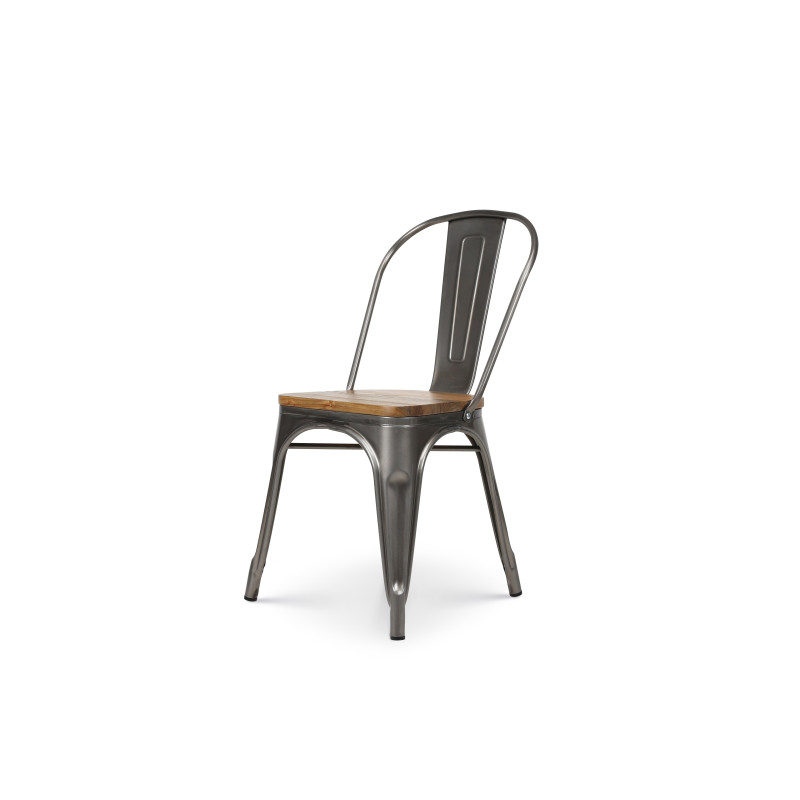 Lot de 4 chaises en métal brut aspect galvanisé et assise en bois clair - Style industriel
