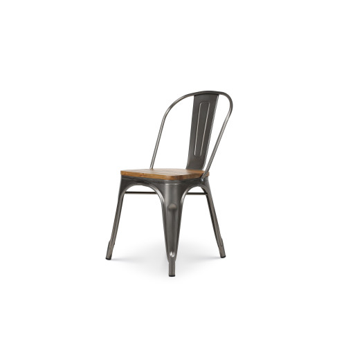 Lot de 4 chaises en métal brut aspect galvanisé et assise en bois clair - Style industriel