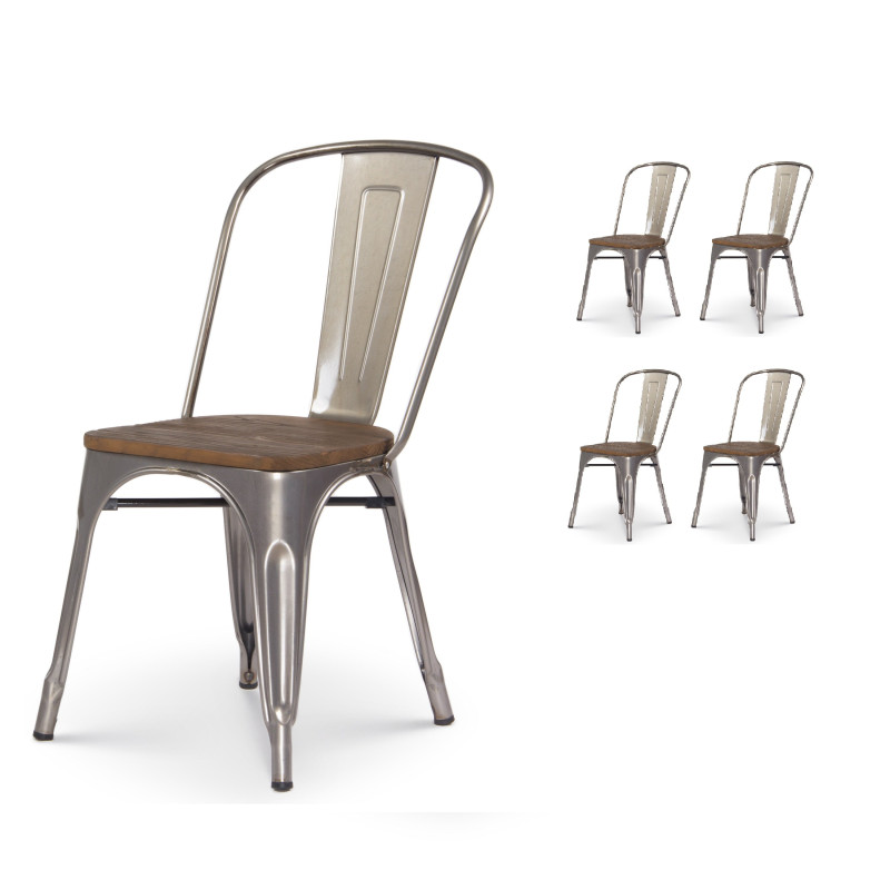 Lot de 4 chaises en métal brut aspect galvanisé et assise en bois foncé - Style industriel