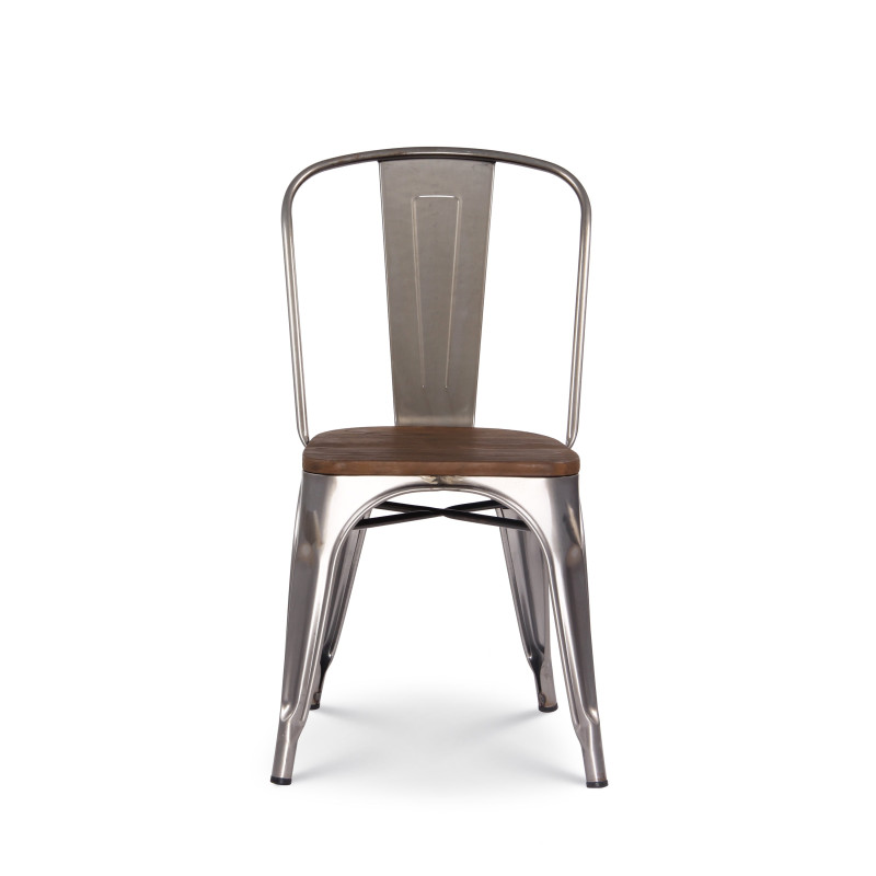 Lot de 4 chaises en métal brut aspect galvanisé et assise en bois foncé - Style industriel