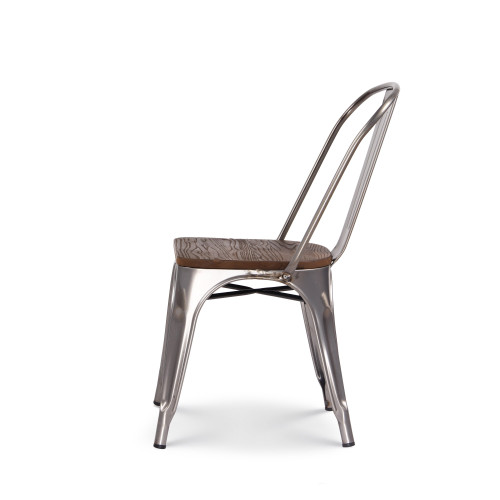 Lot de 4 chaises en métal brut aspect galvanisé et assise en bois foncé - Style industriel