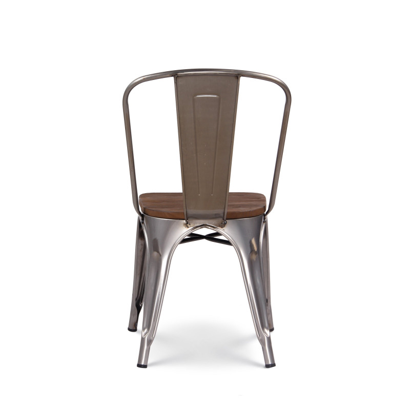 Lot de 4 chaises en métal brut aspect galvanisé et assise en bois foncé - Style industriel