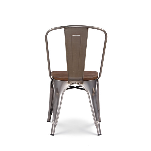 Lot de 4 chaises en métal brut aspect galvanisé et assise en bois foncé - Style industriel