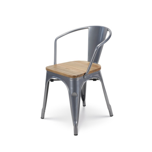 Lot de 4 chaises en métal gris argenté style industriel avec assise en bois clair - Avec accoudoirs