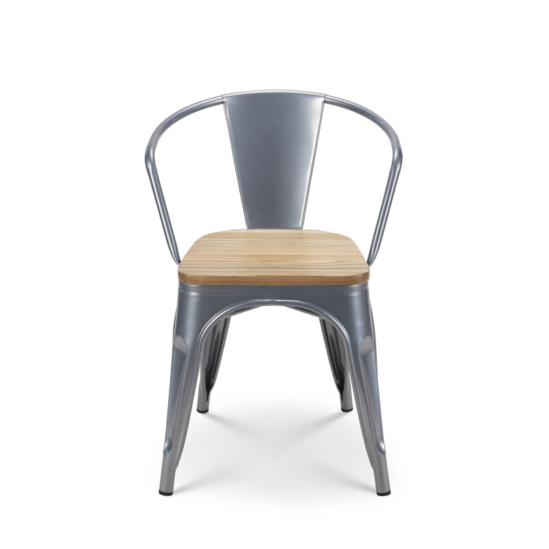 Lot de 4 chaises en métal gris argenté style industriel avec assise en bois clair - Avec accoudoirs