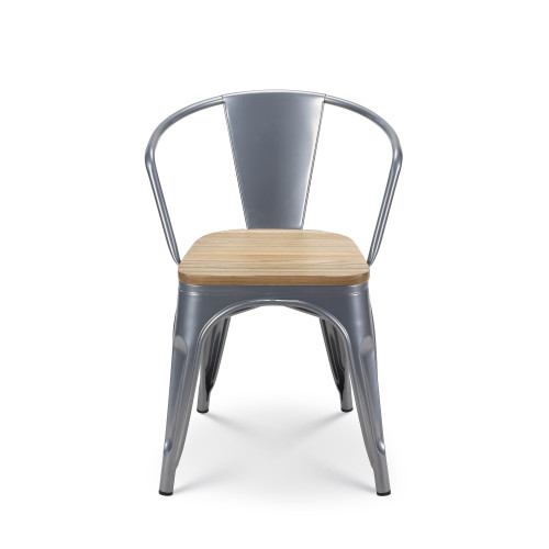 Lot de 4 chaises en métal gris argenté style industriel avec assise en bois clair - Avec accoudoirs