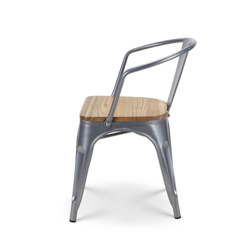 Lot de 4 chaises en métal gris argenté style industriel avec assise en bois clair - Avec accoudoirs