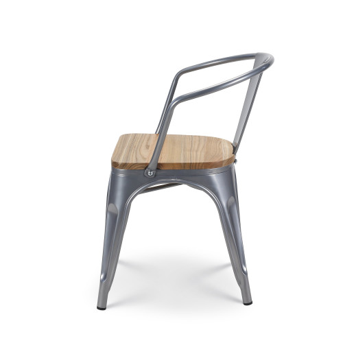 Lot de 4 chaises en métal gris argenté style industriel avec assise en bois clair - Avec accoudoirs