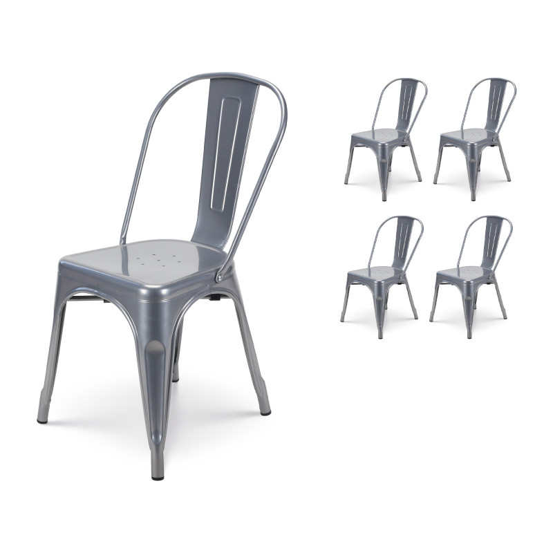 Lot de 4 chaises en métal gris brillant - Style industriel