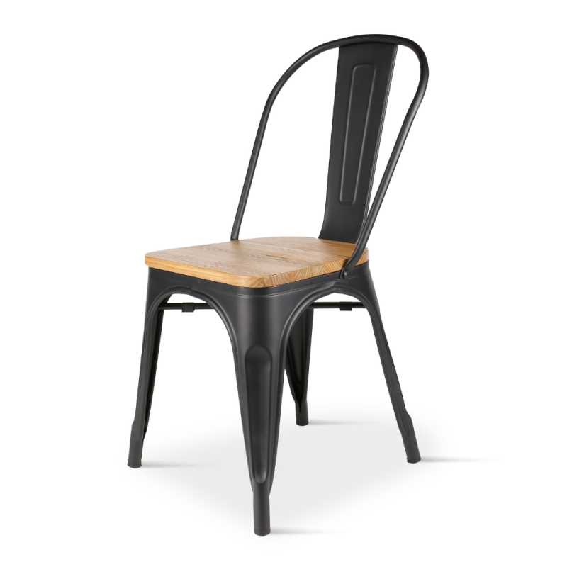 Lot de 4 chaises en métal noir mat et assise en bois clair - Style industriel