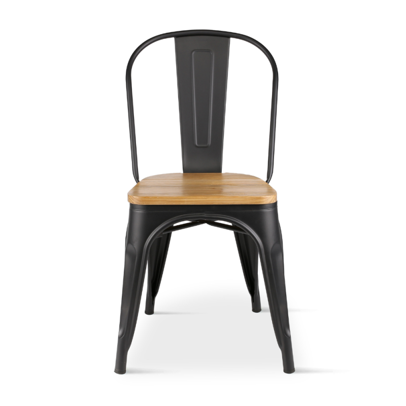 Lot de 4 chaises en métal noir mat et assise en bois clair - Style industriel