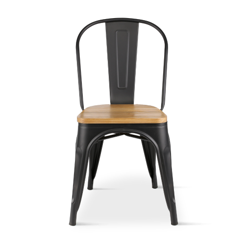 Lot de 4 chaises en métal noir mat et assise en bois clair - Style industriel