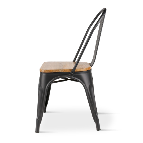 Lot de 4 chaises en métal noir mat et assise en bois clair - Style industriel
