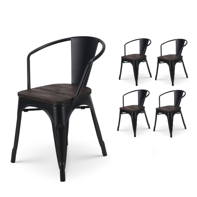 Lot de 4 chaises en métal noir mat style industriel avec assise en bois foncé - Avec accoudoirs