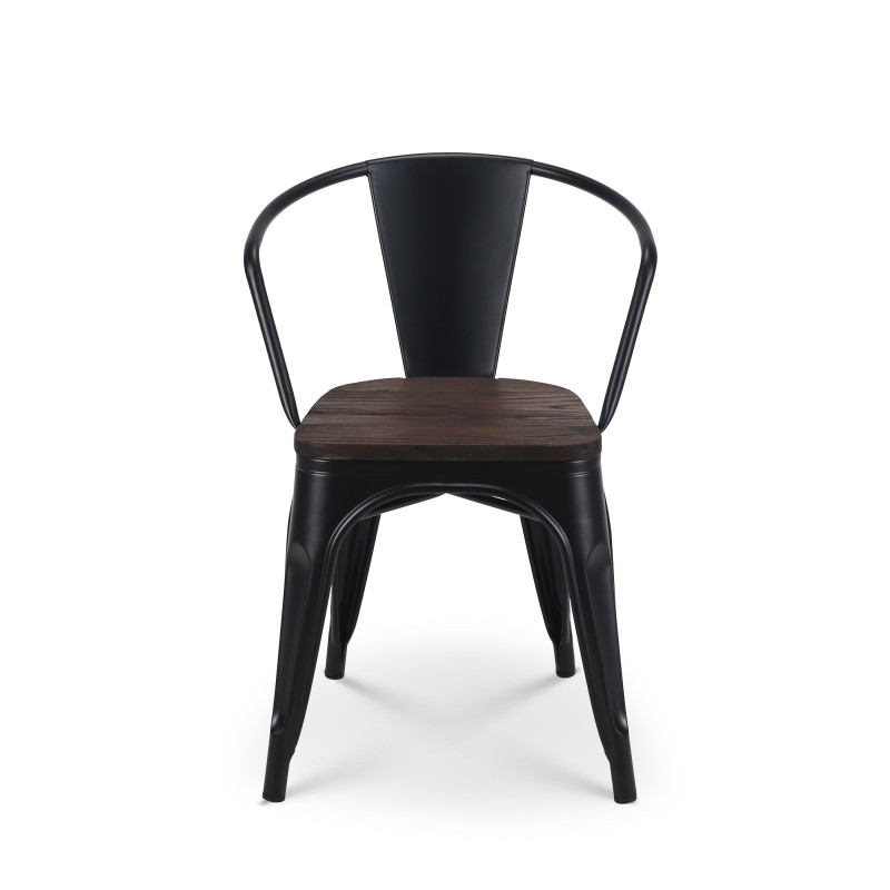 Lot de 4 chaises en métal noir mat style industriel avec assise en bois foncé - Avec accoudoirs