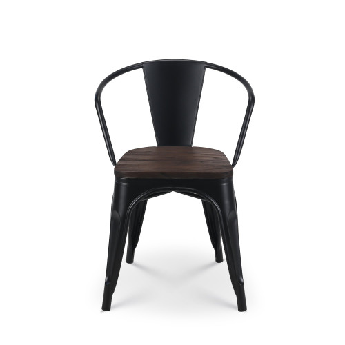 Lot de 4 chaises en métal noir mat style industriel avec assise en bois foncé - Avec accoudoirs
