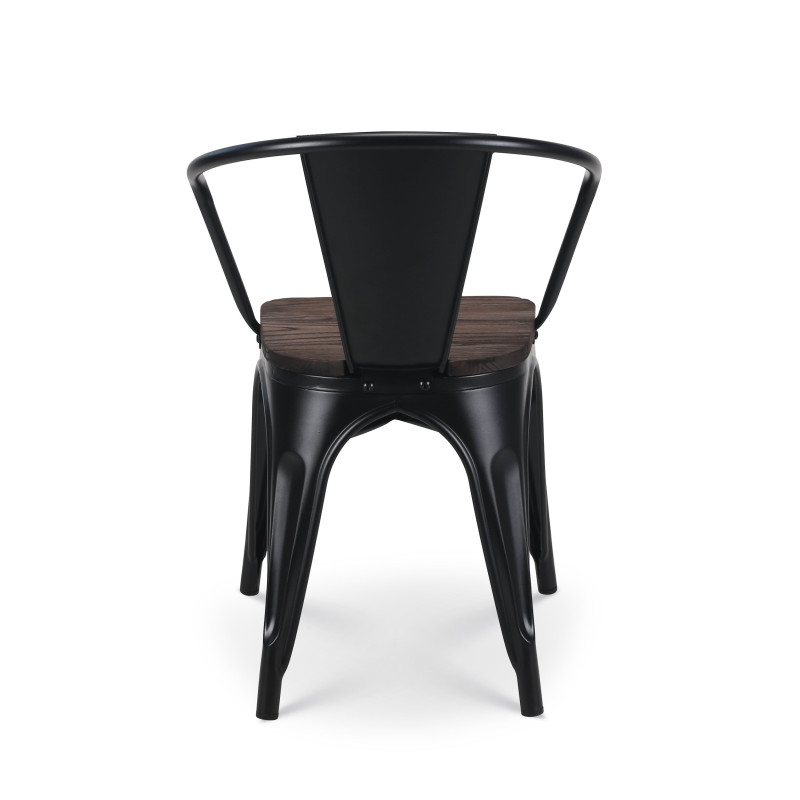 Lot de 4 chaises en métal noir mat style industriel avec assise en bois foncé - Avec accoudoirs