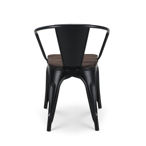 Lot de 4 chaises en métal noir mat style industriel avec assise en bois foncé - Avec accoudoirs