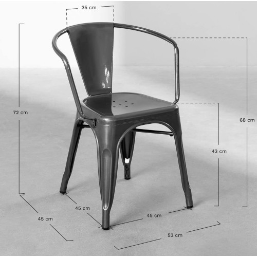 Lot de 4 chaises en métal noir mat style industriel avec assise en bois foncé - Avec accoudoirs