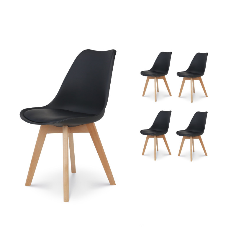 Lot de 4 Chaises noires Style scandinave modèle VICTOIRE - Coque en résine noire rembourrée et Pieds en Bois Naturel